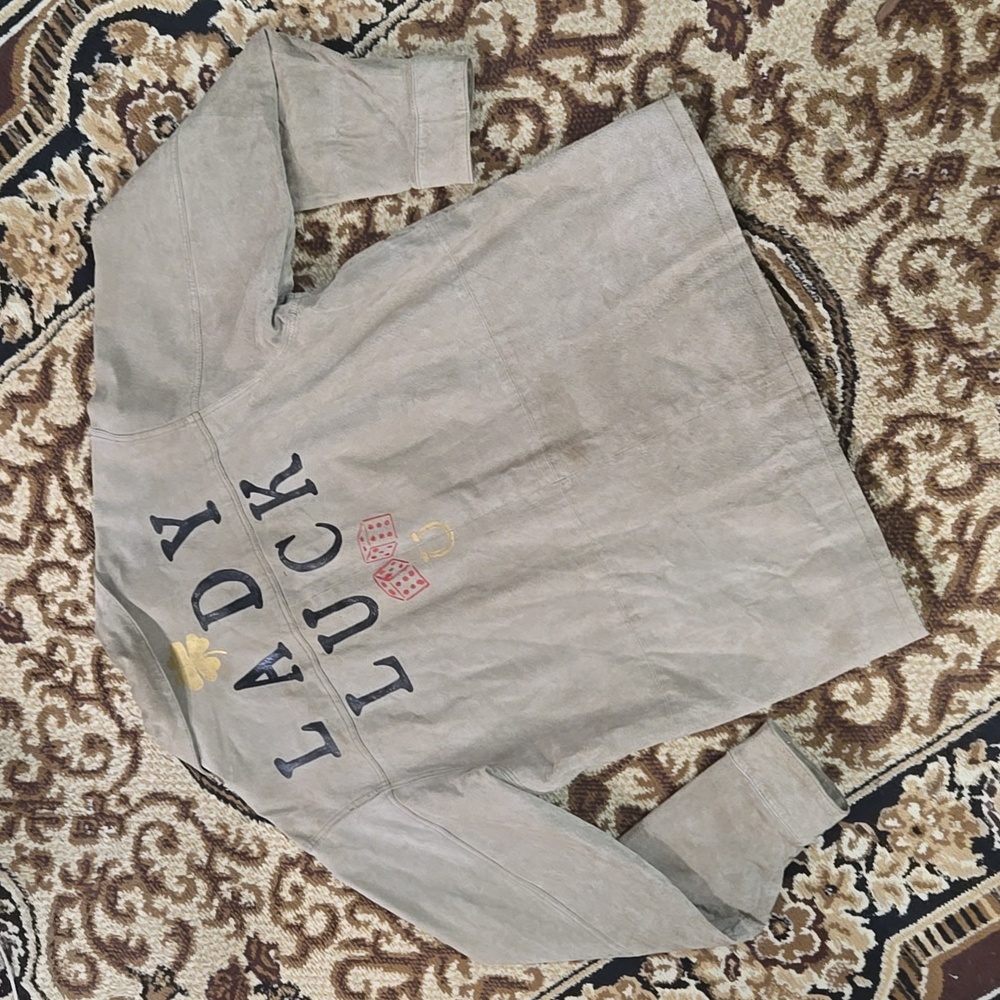 Hand Painted Lucky Suede Jacket Leather Coat Lady Luck Retro 90s Y2K
